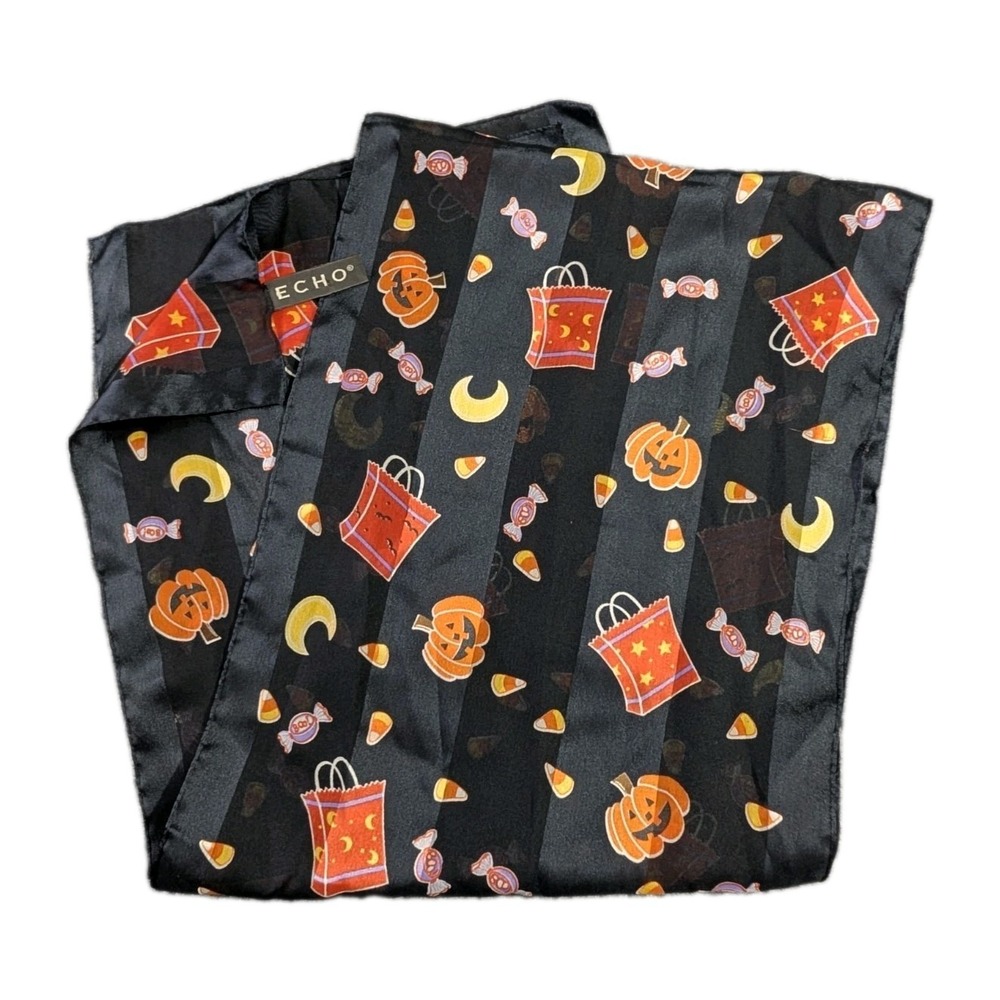 Echo Halloween Scarf Black Rectangle Pumpkins Candy Corn Italy 59"x11"